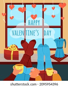 Two pairs of legs are lying side by side on the table. Guy and girl are holding hands. Hearts hang on strings above the window. Valentine's Day greeting card. Vector illustration in cartoon style