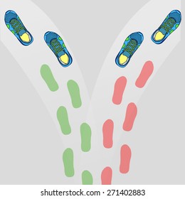 Two pairs of matching shoes, doing different ways. A path of green footprints, and other road red prints.
