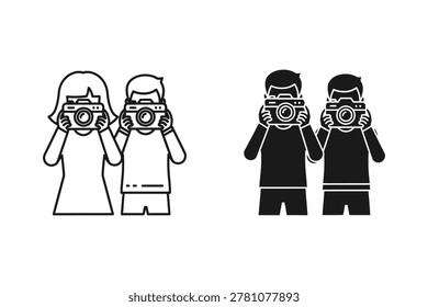 Two pairs of people, one in line art and one in silhouette, hold cameras up to their faces. Vector illustration.