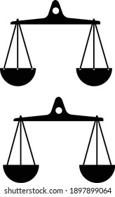 Two pairs of primitive scales with bowls. Balance and justice, the sign of Libra. Vector illustration, silhouette, isolated on white background