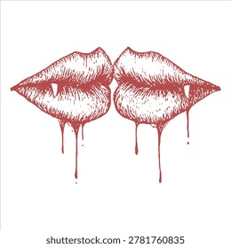 Two pairs of red vampire lips kissing with dripping blood dripping illustration seductive