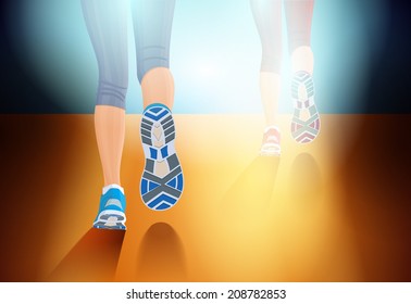 Two pairs running legs  backside view on outdoor training vector illustration