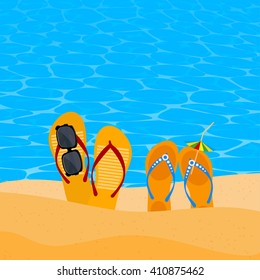 Two pairs slap on the seashore. Beach shoes on the sand with sunglasses and umbrella. Concept of summer vacation. Element  of travel agency advertising. Beach concept.. Stock vector