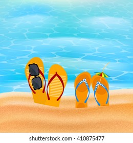 Two pairs slap on the seashore. Beach shoes on the sand with sunglasses and umbrella. The concept of summer vacation. Element for design of travel agency advertising. Beach concept. stock vector