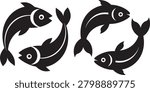 Two pairs of stylized fish swimming in circular motion, black silhouette.