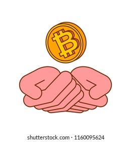 Two Palm up and bitcoin. Vector illustration
