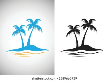 Two Palm Tree Island silhouette Vector illustration