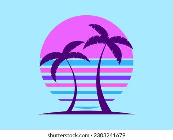 Two palm trees against the backdrop of the 80s retro sun isolated on a blue background. Design for printing advertising brochures, banners and posters. Vector illustration