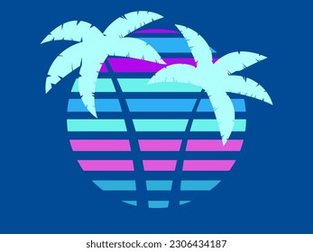 Two palm trees against the backdrop of the 80s retro sun isolated on a blue background. Design for printing advertising brochures, banners and posters. Vector illustration
