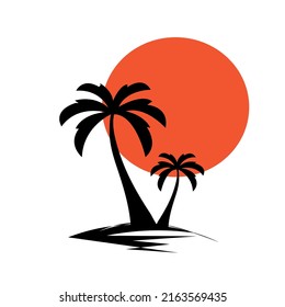 Two palm trees against the bright sun. The theme of vacation and relaxation.