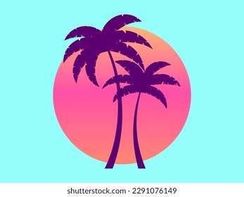 Two palm trees against a gradient sun in the style of the 80s. Summer time. Synthwave and retrowave style. Design for advertising brochures, banners, posters, travel agencies. Vector illustration
