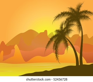 Dos palmeras contra montañas y arena. Ilustración del vector
