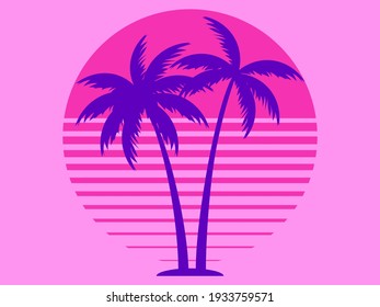 Two palm trees against a pink sun in the style of the 80s. Synthwave and 80s style retrowave. Design for advertising brochures, banners, posters, travel agencies. Vector illustration