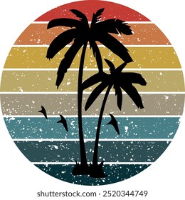 Two palm trees against a pink sun in the style of the 80s. Synthwave and 80s style retrowave. Design for advertising brochures, banners, posters, travel agencies. Vector illustration