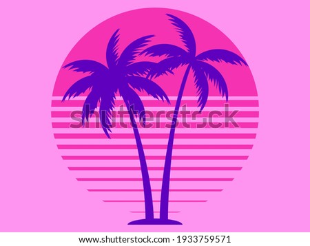 Two palm trees against a pink sun in the style of the 80s. Synthwave and 80s style retrowave. Design for advertising brochures, banners, posters, travel agencies. Vector illustration