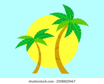 Dos palmeras contra el sol. Palmeras tropicales con follaje verde y sol sobre un fondo azul. Hora de verano. Diseño para folletos publicitarios, Anuncios y agencias de viajes. Ilustración vectorial