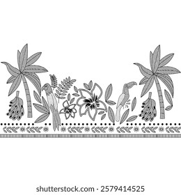 Two palm trees, two banana trees, two flowers, a parrot and several plants all in black and white. Vector for silkscreen, dtg, dtf, t-shirts, signs, banners, Subimation Jobs or for any application.