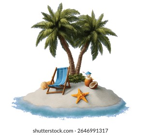 Duas palmeiras cadeira de praia e cena de praia tropical ilustração