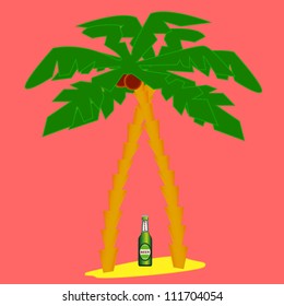 Two palm trees and beer on a red background