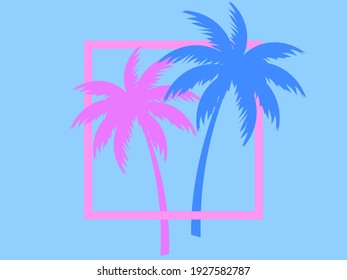 Two palm trees blue and pink color in a square frame. Retro style of the 80s. Design for advertising brochures, banners, posters, travel agencies. Vector illustration