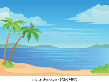 Two palm trees and a bush by the sea. Vector illustration on white background.