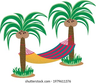 Two palm trees with a coconut and a hammock. Beach vacation. summer things. Postcard