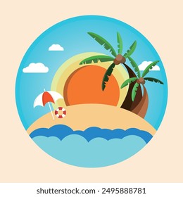 Two palm trees with coconuts stand prominently on the right, while on the left, a beach umbrella and a lifebuoy are placed on the sandy shore. The sky is bright blue with a few white clouds, 