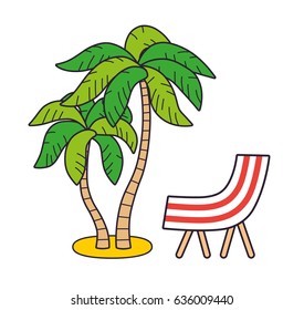 Two palm trees and deck chair isolated. Tropical sea beach summer vacation resort icon.