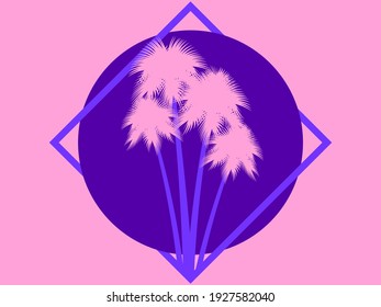 Two palm trees in a frame on a pink background. Retro style of the 80s. Design for advertising brochures, banners, posters, travel agencies. Vector illustration