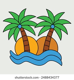 Two palm trees with green leaves  and brown trunks, an orange sun, waves of blue water, tropical island paradise, vector illustration, clipart, and line art.