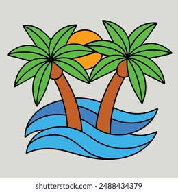 Two palm trees with green leaves  and brown trunks, an orange sun, waves of blue water, tropical island paradise, vector illustration, clipart, and line art.