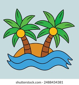 Two palm trees with green leaves  and brown trunks, an orange sun, waves of blue water, tropical island paradise, vector illustration, clipart, and line art.