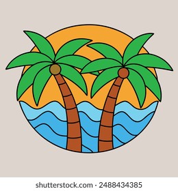 Two palm trees with green leaves  and brown trunks, an orange sun, waves of blue water, tropical island paradise, vector illustration, clipart, and line art.