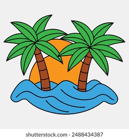 Two palm trees with green leaves  and brown trunks, an orange sun, waves of blue water, tropical island paradise, vector illustration, clipart, and line art.