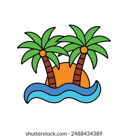 Two palm trees with green leaves  and brown trunks, an orange sun, waves of blue water, tropical island paradise, vector illustration, clipart, and line art.