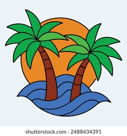 Two palm trees with green leaves  and brown trunks, an orange sun, waves of blue water, tropical island paradise, vector illustration, clipart, and line art.