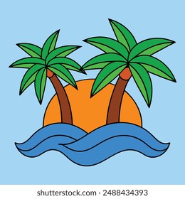 Two palm trees with green leaves  and brown trunks, an orange sun, waves of blue water, tropical island paradise, vector illustration, clipart, and line art.