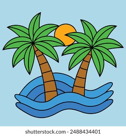 Two palm trees with green leaves  and brown trunks, an orange sun, waves of blue water, tropical island paradise, vector illustration, clipart, and line art.