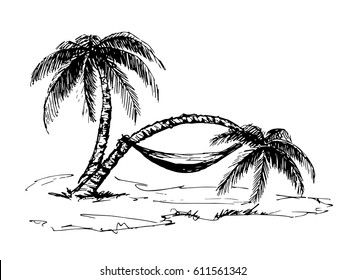The two Palm trees with a hammock. Hand drawn graphics sketch 