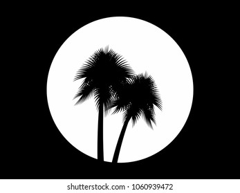 Two palm trees on the background of the full moon, black and white logo. Tropical trees. Vector illustration