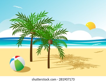 Two palm trees on a beach, the sea and a ball