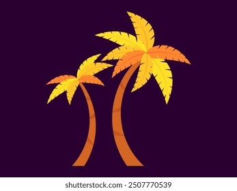 Two palm trees on black background. Yellow palm leaves and brown tree trunks. Design for advertising brochures, banners, posters, travel agencies. Vector illustration