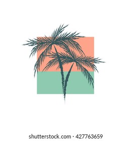 Two palm trees on blue see and pink sunset retro background. Vector illustration