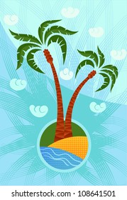 Two palm trees on decorative blue background.Vector illustration.