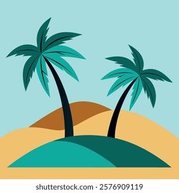 Two palm trees on either side and a hill in the middle