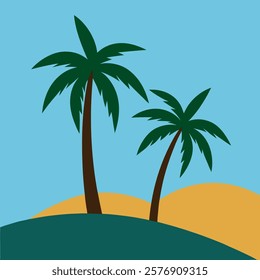 Two palm trees on either side and a hill in the middle