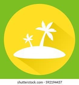 Two palm trees on an icon with a tropical summer landscape. A round icon yellow on a green background with a shadow. Vector flat style. An icon for the websites of travel companies. 