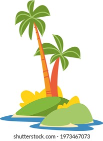 Two palm trees on the island. Desert island icon. Vector illustration in cartoon children s style. Isolated funny clipart on a white background. Cute print