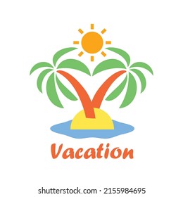 Dos palmeras en la isla, el sol y el mar. Vacaciones en la isla, concepto de pancarta de verano. Sencillo estilo plano. Ilustración vectorial.