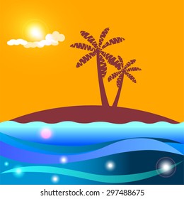 Two palm trees on the island. Sea and reflections on the waves.
